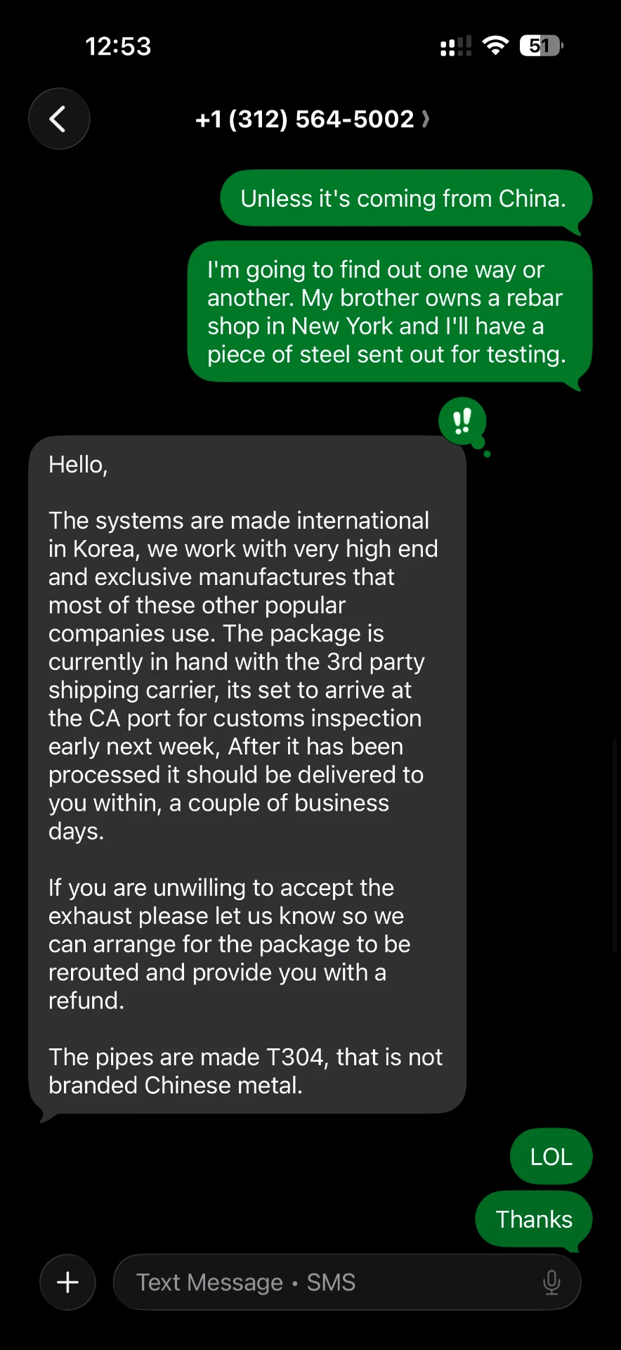 Company states exhaust systems are manufactured in Korea
